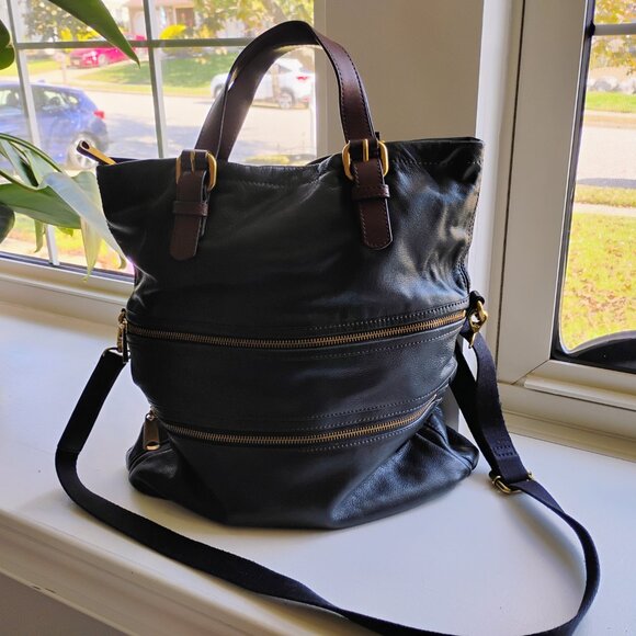 Fossil Leather Convertible Hobo/Shoulder Bag – Black w/ Brown Handles, Gold Hard - Picture 3 of 4